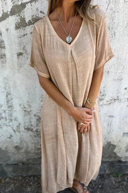 EP | Bayside Bliss mélange lin manches courtes robe midi plissée ample