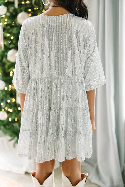 EP | Paillettes argentées Party Demi-manches Encolure ronde Mini-robe