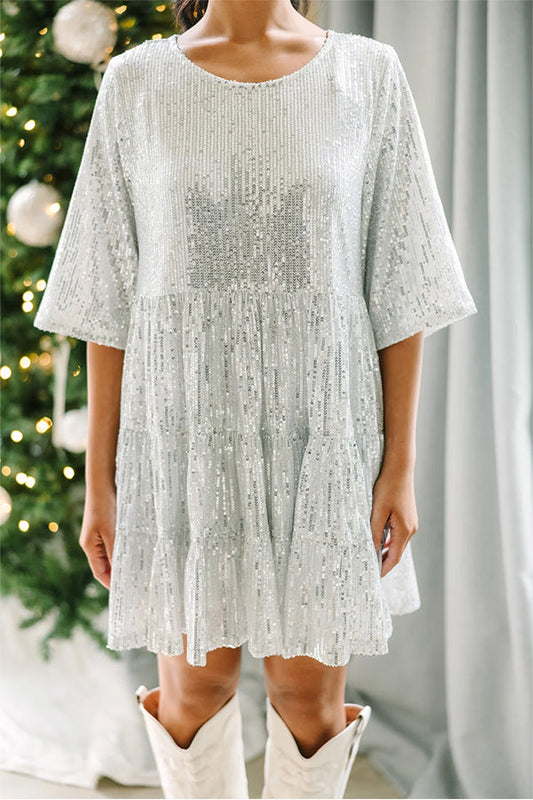 EP | Paillettes argentées Party Demi-manches Encolure ronde Mini-robe