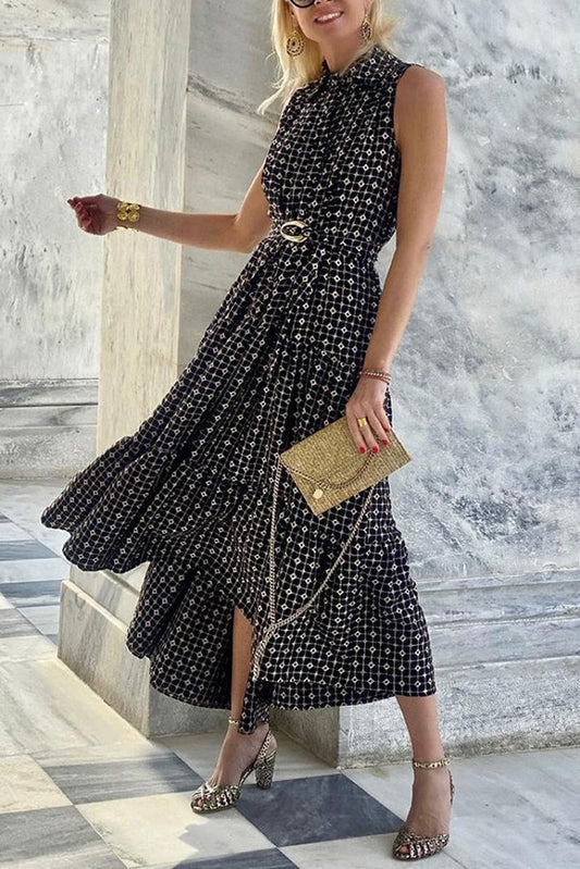 EP | Impression unique Revers Sans manches Robe midi cintrée