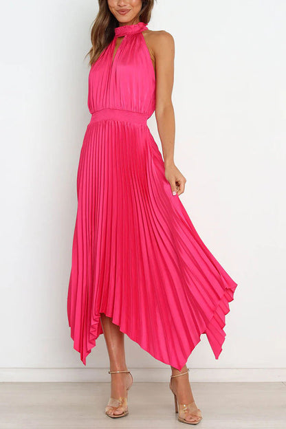 EP | Luxe Look Satin Plissé Halter Taille Elastique Robe Midi