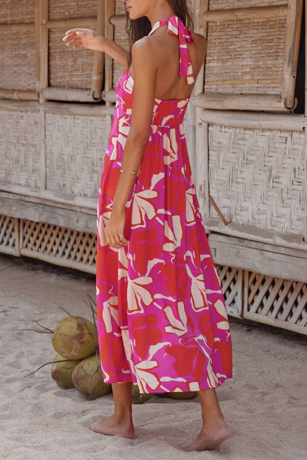 EP | Halterneck Print Berry Lotus Robe midi