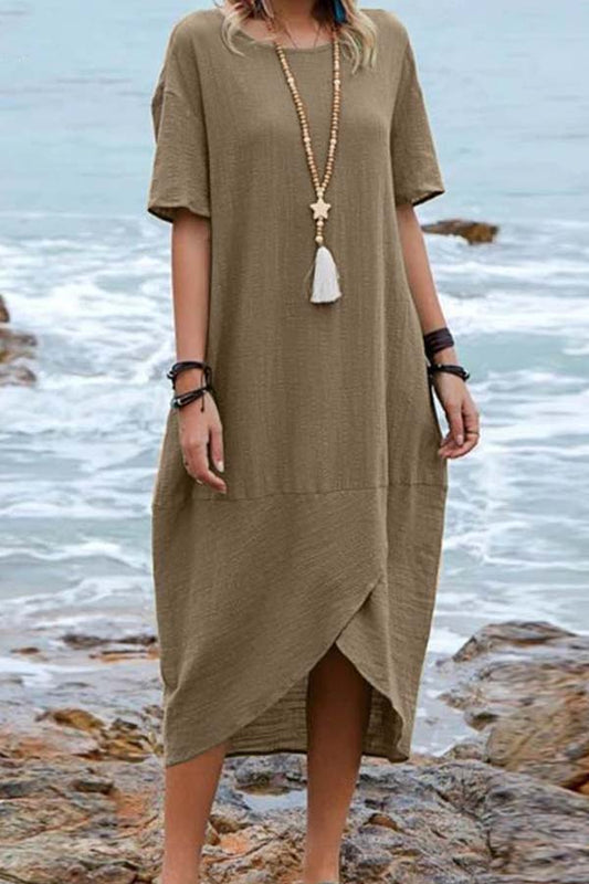 EP | Couleur solide coton lin rétro col rond manches courtes robe midi