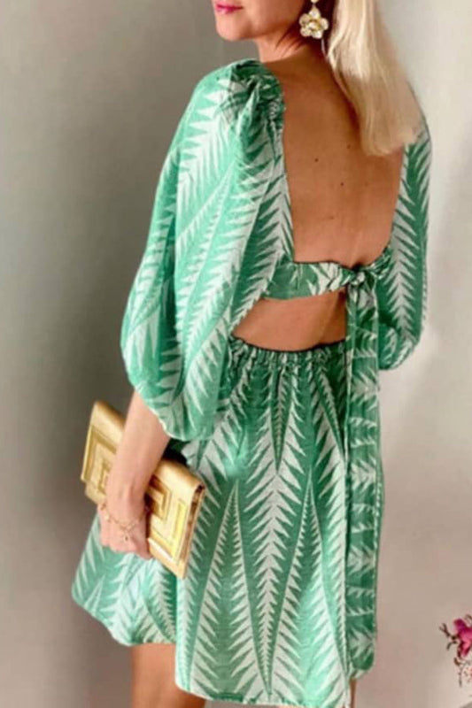 EP | Eté Vert Mélange de Lin Imprimé Ethnique Manches Ballon Dos Lacets Mini-robe