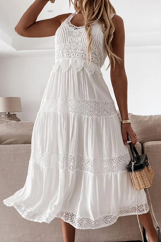 EP | Robe midi pour femme - coupe en A-ligne - sans manches - dentelle avec détails au crochet - mélange respirant