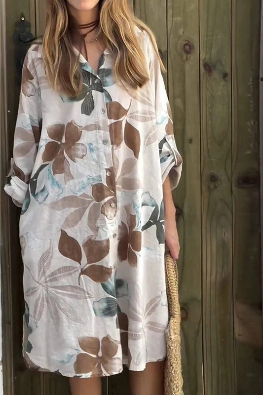 EP | Botanical Print Robe midi ample à manches longues, simple boutonnage, avec poches