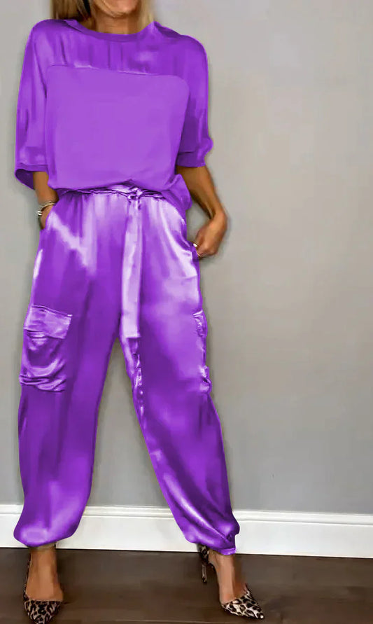 EP | Ensemble Deux-pièces Haut Et Pantalon En Satin Unique Pour Femme
