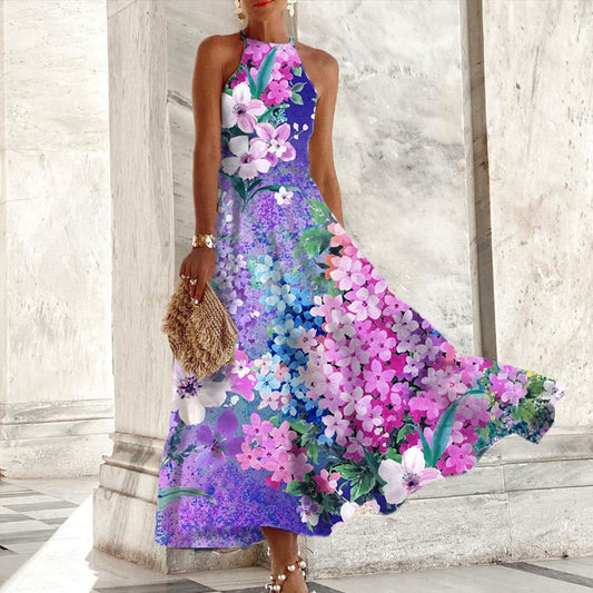 EP | Robe maxi sans manches violette avec imprimé floral.