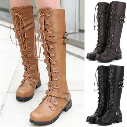 EP | Bottes pour femmes de style romain avec laçage jusqu'au genou et semelles compensées