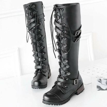 EP | Bottes pour femmes de style romain avec laçage jusqu'au genou et semelles compensées