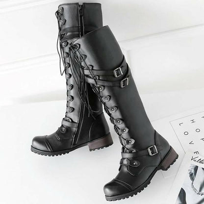 EP | Bottes pour femmes de style romain avec laçage jusqu'au genou et semelles compensées