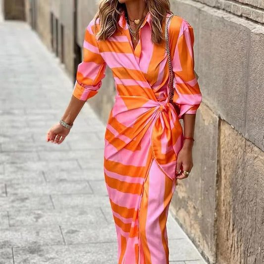 EP | Fashion Robe midi rayée décolletée en V avec laçage